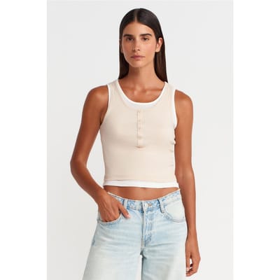 Katoenen Geribbelde Mouwloze Knopenblouse