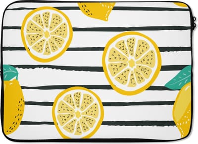 Laptophoes 14 inch - Citroenen - Zomer - Patronen - Laptop sleeve - Binnenmaat 33x23 cm - Zwarte achterkant