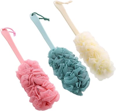 Douchespons - Badspons - met steel - Lange Badborstel met Spons - 3 stuks - Loofah Rugborstel - 44.5cm - voor Douche - Zachte Huidvriendelijke Doucheborstel Mesh PE - Comfortabel Sorteersysteem Body Scrub- voor Mannen en Vrouwen - Blauw Roze Wit
