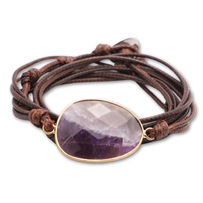 Marama - Wikkelarmband Amethist Donkerbruin Leer - damesarmband - edelsteen - cadeau dames - one size fits all - paars - bruin