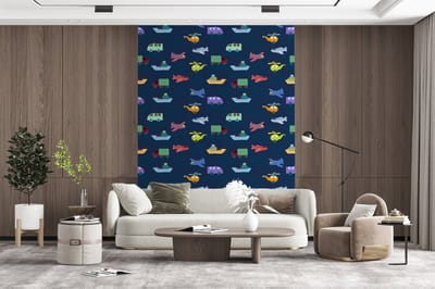 Behang - Fotobehang Patronen - Vliegtuig - Boot - Vrachtwagen - Jongetje - Jongens - Kinderen - Kids - Breedte 165 cm x hoogte 220 cm