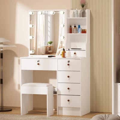 Make-uptafel met verlichting en kruk - verstelbare lichtkleur - schuifladen en opbergvakken - slaapkamer 80 x 36 x 130 cm make up tafel