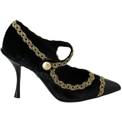 Dolce & Gabbana Zwarte Versierde Fluwelen Mary Jane Pump Schoenen