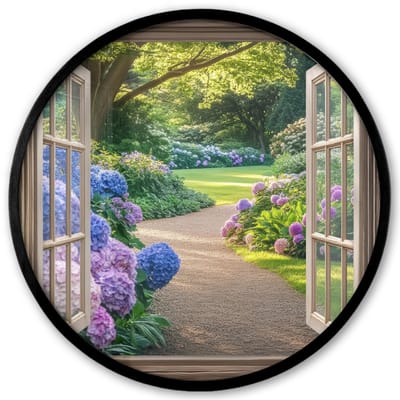 Poster in lijst Rond - Fotolijst 40x40 cm - Posters - Doorkijk - Tuin - Raam - Hortensia - Bloemen - Ronde posterlijst zwart - Decoratie - Wanddecoratie woonkamer - Muurdecoratie slaapkamer