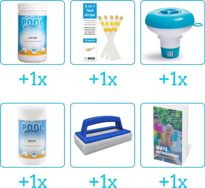 Zwembad Onderhoudspakket - Onderhoud Zwembad - bevat Chloor - Testrips - Chloordrijver - Chloor - Scrubborstel en Zwembadgids (6-delig)