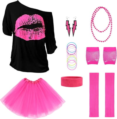 80s Kostuum Accessoires Set, 8 Stuks T-Shirt, Hoofdband, Oorbellen, Ketting en Bril voor Themafeesten, Carnaval en Retro Feestjes
