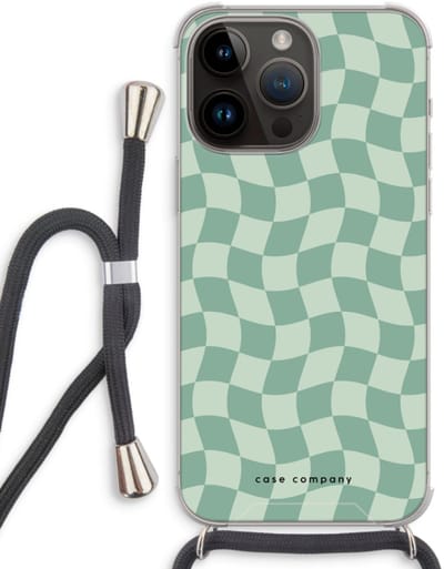 Case Company® - Hoesje met koord geschikt voor iPhone 14 Pro Max hoesje met Koord - Grid Groen - Telefoonhoesje met Zwart Koord - Bescherming aan alle Kanten en Over de Schermrand