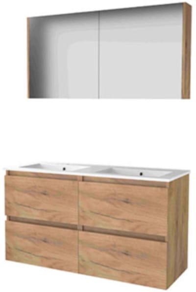 Basic-Line Comfort 46 Badkamermeubelset - 120 x 46 cm - Greeploos - 4 Lades - Keramische Wastafel - 2 Kraangaten - Spiegelkast - Whisky Oak
