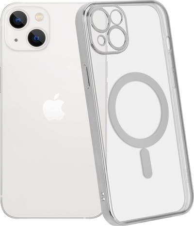 ShieldCase telefoonhoesje geschikt voor Apple iPhone 14 Plus hoesje transparant Magneet metal coating - zilver - Backcover case doorzichtig - Shockproof hoesje - Met oplaad ring