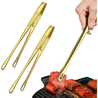 ZeniMart RVS Yakiniku Tangen, Set van 2, BBQ Tangen, Perfect voor Bakken, Pasta, Kamperen en Buitenactiviteiten, Goud (L x 2 28cm) [Gebruikt] beige