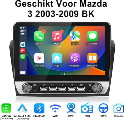 Junsun Android 15 Autoradio Geschikt Voor Mazda 3 2003-2009 BK Accessoires, 2GB+64GB, Draadloze CarPlay & Andriod Auto, DAB+, GPS-Navigatiesystem, Bluetooth, WiFi, USB, RDS, 10.1-inch HD Touchscreen, DSP, SWC, Quad-core processor
