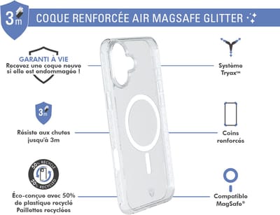 Force Case, Hoesje geschikt voor iPhone 16 - MagSafe AIR Versterkt Tryax System 3m met Glitters, Transparant