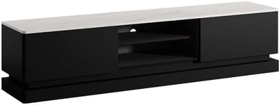Vente-unique Tv-meubel met 2 lades en 2 nissen met ledverlichting van mdf - Zwart met wit marmereffect - DEVIKA -