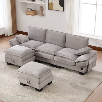 MODENUIT Hoekbank 260 x 132 cm - Modulaire 3-Zits Met 2 Hockers En USB-C - Woonkamer En Kantoor - Cord Lichtgrijs