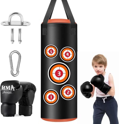 Kinder Bokszak Set 60 cm Ongevuld, Inclusief Bokshandschoenen en Ophangmateriaal