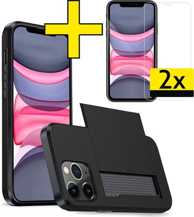 Hoesje Geschikt voor iPhone 11 Pro Hoesje Case Pashouder Hard Cover Met 2x Screenprotector - Hoes Geschikt voor iPhone 11 Pro Hoesje Met Kaarthouder - Zwart