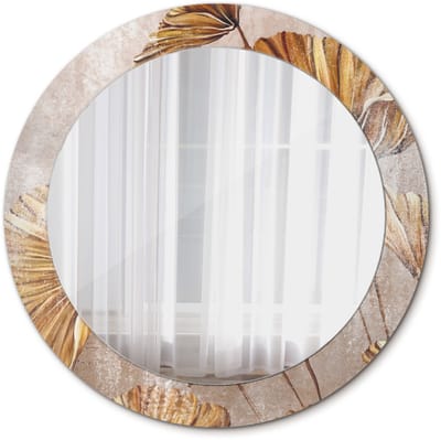 Tulup Spiegel - Ronde vorm Spiegel - op gehard Glas - Boho bladeren - Diameter: 70 cm - Decoratieve spiegel - Woonkamerspiegel - Inloopkastspiegel - Spiegel voor kantoor of studio - Gele - Stijlvol accent - Elegant Spiegel - Ophangsysteem