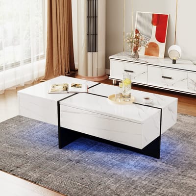 DESMIU Salontafel - Hoogglans Marmerlook Met Appgestuurde Verlichting En Drie Laden - Voor Woonkamer En Ontspanning - Spaanplaat - Wit - 100x50x34,5 Cm
