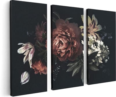 Artaza Canvas Schilderij Drieluik Bloemen Op Een Zwart Achtergrond - 120x80 cm - Wanddecoratie Woonkamer - Schilderijen - Muurdecoratie