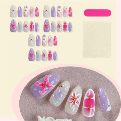 30 stuks Amandelvormige Press-On Nagels, Nagels Stickers, 3D Bloemen Decoratie, Verfraaid met Stalen Balletjes, Volledige Dekking Kunstnagels, Voor Vrouwen Meisjes Dagelijks Gebruik