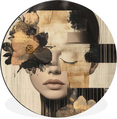 WallCircle - Wandcirkel - Muurcirkel - Gezicht - Bloemen - Zwart - Vrouw - Aluminium - Dibond - 30x30 cm - Binnen en Buiten