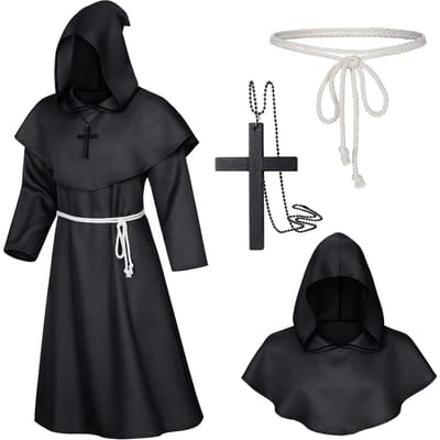 Middeleeuwse Monnikenkap Mantel Tovenaar Priester Kostuums Halloween Gewaad Tovenaar Ridder Cape Volwassenen Tieners Outfit Feest Attributen Set S black