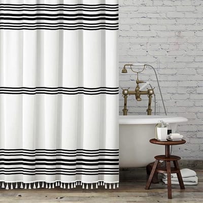 Famanu - Zwart-wit douchegordijn met kwastjes, boho stijl, 72x72 cm
