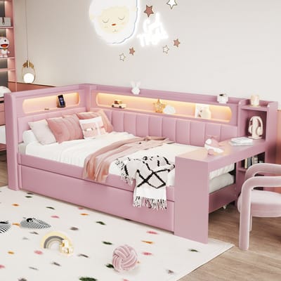 Eenpersoonsbed 90x200 cm - Gestoffeerd bed - Slaapbank - Uitschuifbare slaapbank - Met USB-interface - LED-lichtstrip - Met opbergvak - Veilig en comfortabel - Roze