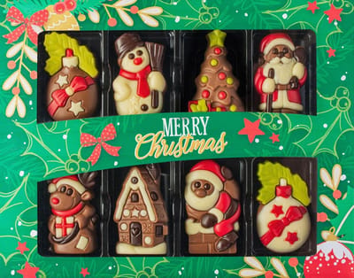 Kerst Chocolade Reliefs 80g – 8 Chocolade Kerstfiguren van Fijne Melkchocolade | Kerstbal, Kerstboom, Sneeuwman, Santa & Rendier | Kerstcadeau voor Vrouwen, Mannen & Kinderen | Perfect voor Sinterklaas & Secret Santa Met Kajal Sticker