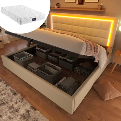Gestoffeerd bed met lattenbodem en opbergruimte, tweepersoonsbed inclusief led-verlichting, bedframe 160x200cm, opbergbed, functioneel bed, hoes van wit kunstleer, inclusief matras