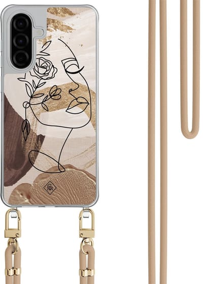 Casimoda® hoesje met beige koord - Geschikt voor Samsung A26 - Abstract Gezicht Bruin - Afneembaar koord - TPU/polycarbonaat - Bruin/beige