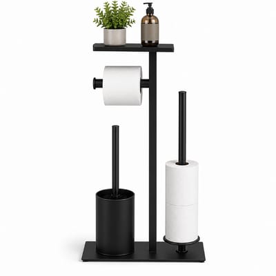 EasyMart Toiletrolhouder Vrijstaand – Toiletstandaard met Toiletborstelhouder & Reserve Rolhouder – Metaal Zwart – Opbergplateau voor Telefoon – Badkamer Accessoires