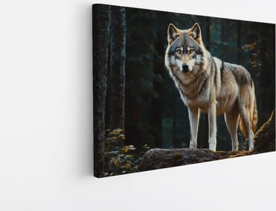 Saammp Canvas Schilderij - Wolf op steen - Dieren - Natuur - 30x20 - Foto op canvas - Wanddecoratie - muurdecoratie Woonkamer - Slaapkamer decoratie - Canvas Print