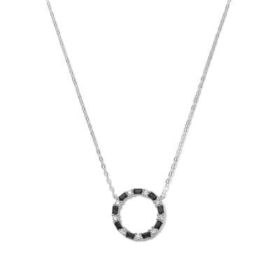 New Bling 9NB-1066 Zilveren Ketting met Zirkonia Hangertje Cirkel - 18mm Doorsnee - Zwart Wit - 40+5cm - Rhodium - Zilver