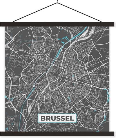 Posterhanger incl. Poster 60x60 cm - Schoolplaat - Plattegrond – Brussel – Blauw – Stadskaart - Kaart - Textielposter - Zwarte latten - Stadskaart