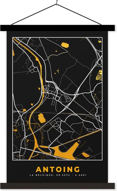 Posterhanger incl. Poster 40x60 cm - Schoolplaat - Antoing - Goud - Kaart - Plattegrond - Stadskaart - Textielposter - Zwarte latten - Stadskaart