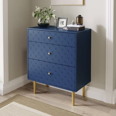 MODENUIT Ladekast - 3 Lades Met Schubmotief - Voor Woonkamer Slaapkamer - Hout En Metaal - Marineblauw - 75x40x89 Cm