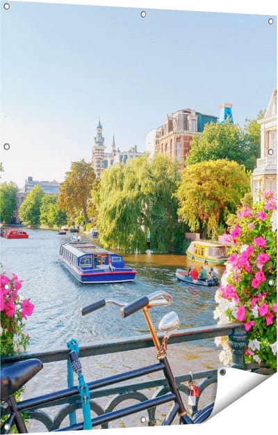 Gards Tuinposter Amsterdamse Kanaal met Bloemen - 90x120 cm - Tuindoek - Tuindecoratie - Wanddecoratie buiten - Tuinschilderij