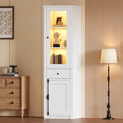 DESMIU Vitrinekast - Met Glazen Deur En Ledverlichting - Met Lade En 2 Deuren Voor Woonkamer En Eetkamer - Spaanplaat - 55x40x200 Cm - Wit