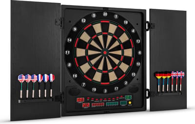 OneConcept Dartmaster 180 Dartautomat, Dartscheibe elektronisch, E Darts, Dartboard met tot zu 8 Spieler, virtueller Gegner, LED Anzeigen, 12 Pfeile, zwart - Dartautomaat - voor Thuis voor Bar - Kunststof Display USB