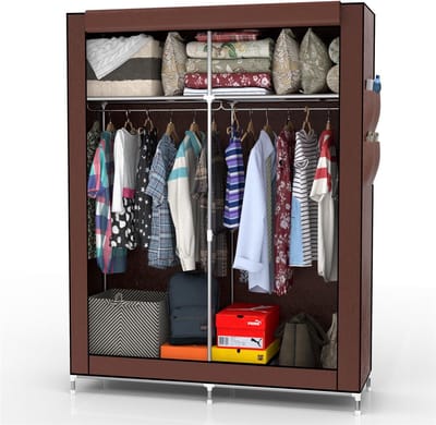 Intirilife opvouwbare garderobekast 108x170x45 cm in KOKOS BRUIN - Vouwkast met ritssluiting Stoffen garderobekast Garderobekast met kledingstang, vakken en zijvak - campinggarderobekast stoffen garderobekast
