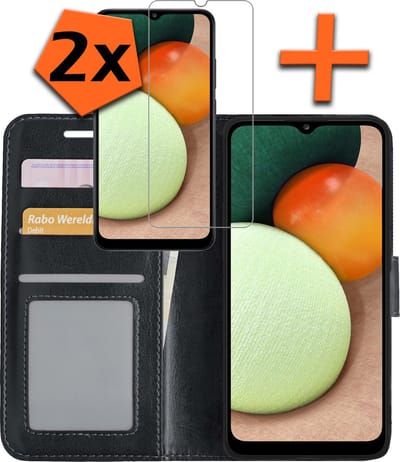 Hoes - Met 2x Screenprotector - Geschikt voor Samsung Galaxy A02s - Luxe Pasjeshouder - Bookcase Portemonee - Flip Case - Kunstleer Book Case - Flipcase Hoes - Book Cover - Walletcase - PortemonneeHoes - Zwart