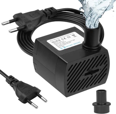 Mini Waterpomp 350 L/h, 5 W - Ultra Stille Aquarium Pomp, Kleine Fonteinpomp met 1.4 m Snoer en 2 Nozzles voor Aquariums, Vijvers en Tuinbeelden