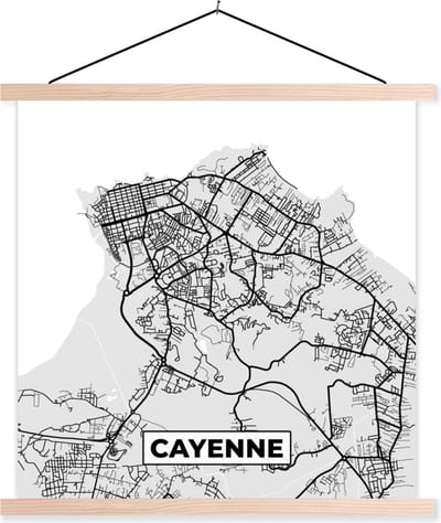 Posterhanger incl. Poster 40x40 cm - Schoolplaat - Plattegrond - Cayenne - Stadskaart - Kaart - Frankrijk - Textielposter - Blanke latten - Stadskaart