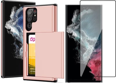 Hoesje met Pasjeshouder geschikt voor Samsung Galaxy S23 Ultra - Screen Protector GlassGuard - Back Cover SlideCase Roségoud & Screenprotector