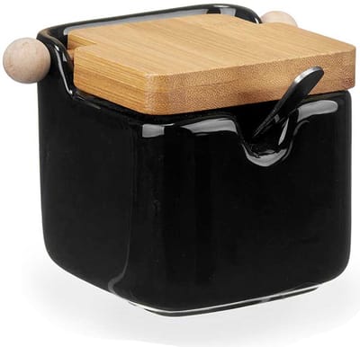 Kinvara Suikerpot met deksel - zwart - 190 ml - porselein - bamboe - 7,5 x 11 x 7,5 cm
