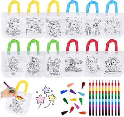 12 Stuks DIY Graffiti Tassen van Niet-Geweven Stof voor Kinderen, Inclusief 12 Kleurige Stapelbare Waskrijtjes voor Creatieve Schilderprojecten