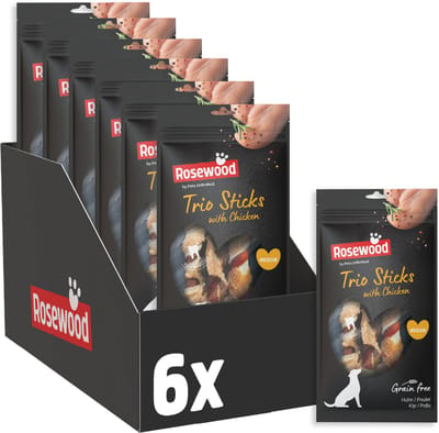 Rosewood Trio Sticks Medium Hondensnack Kip - Kauwsticks Runderhuid - Graanvrij - 6 x 3 Stuks