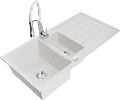 Mexen Andres granieten gootsteen 1,5-komora met afdruiprek en keukenkraan Aster, wit - 6515-20-73450-02
