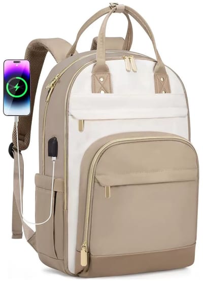 Rugzak voor dames, laptoprugzak, 15,6 inch, schoolrugzak, meisjes, tieners, waterdicht, schooltas, jongens, anti-diefstal, rugzak met laptopvak, voor school, reizen, zakelijk, leraar (beige+khaki)